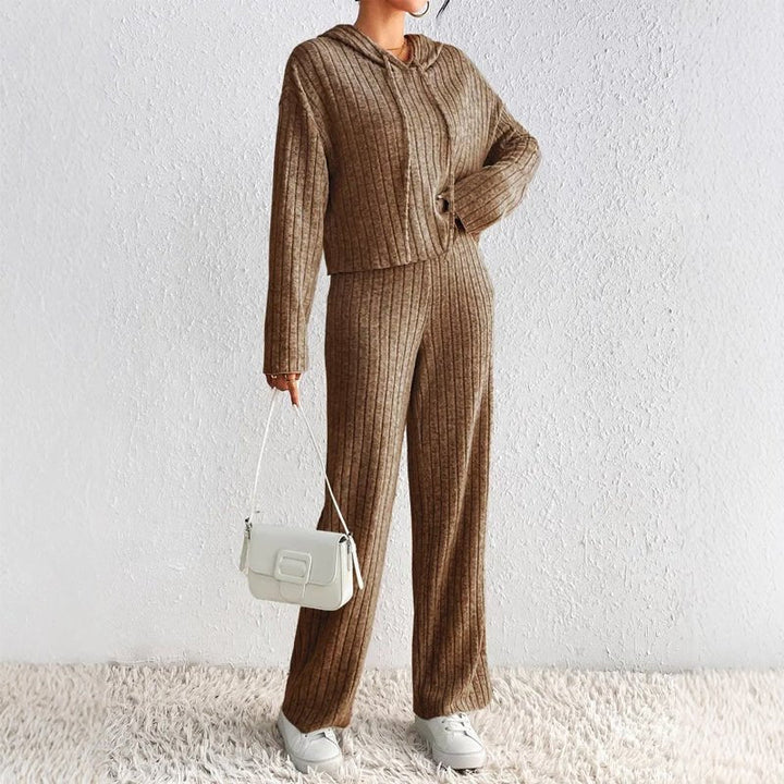 Ensemble Femme Deux Pièces En Maille Côtelée Haut À Capuche Et Pantalon