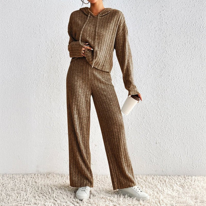 Ensemble Femme Deux Pièces En Maille Côtelée Haut À Capuche Et Pantalon