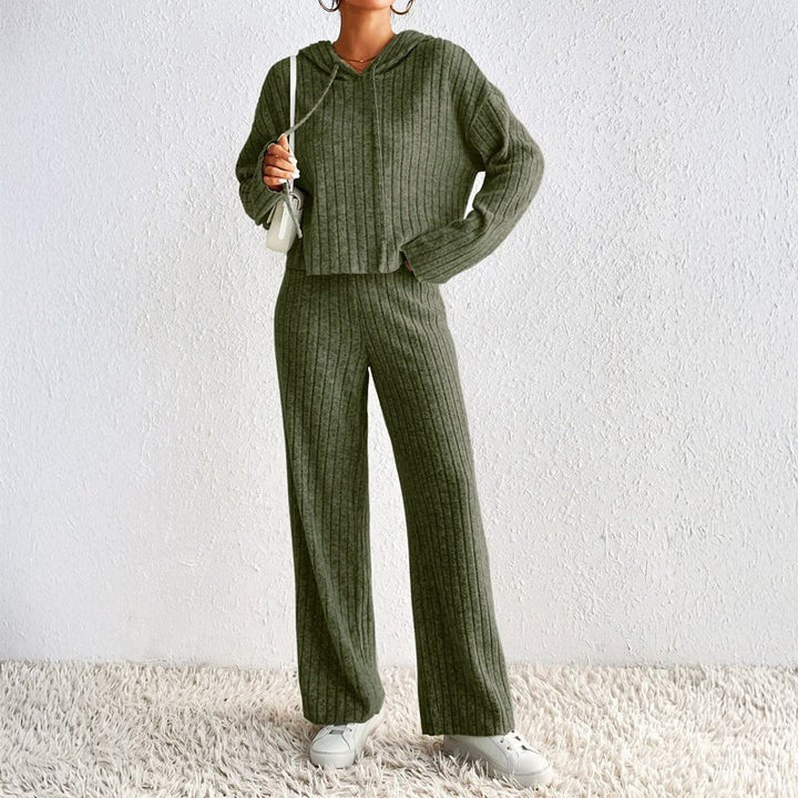 Ensemble Femme Deux Pièces En Maille Côtelée Haut À Capuche Et Pantalon