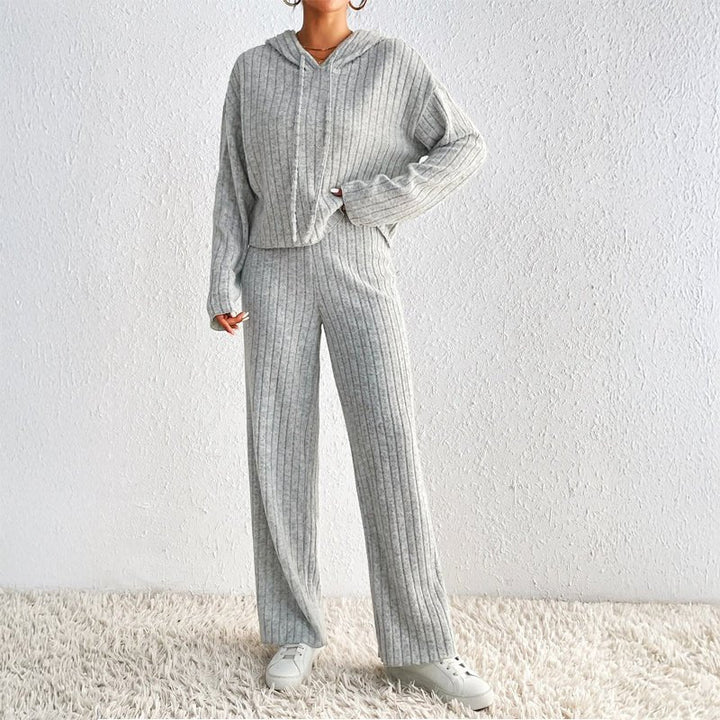 Ensemble Femme Deux Pièces En Maille Côtelée Haut À Capuche Et Pantalon
