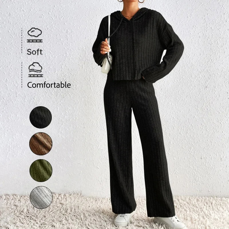 Ensemble Femme Deux Pièces En Maille Côtelée Haut À Capuche Et Pantalon