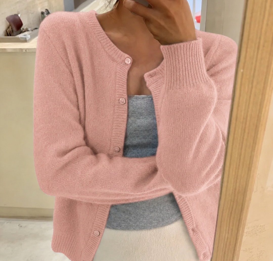 Women's Soft Knit Cardigan with Buttons, Crew Neck, and Relaxed Fit