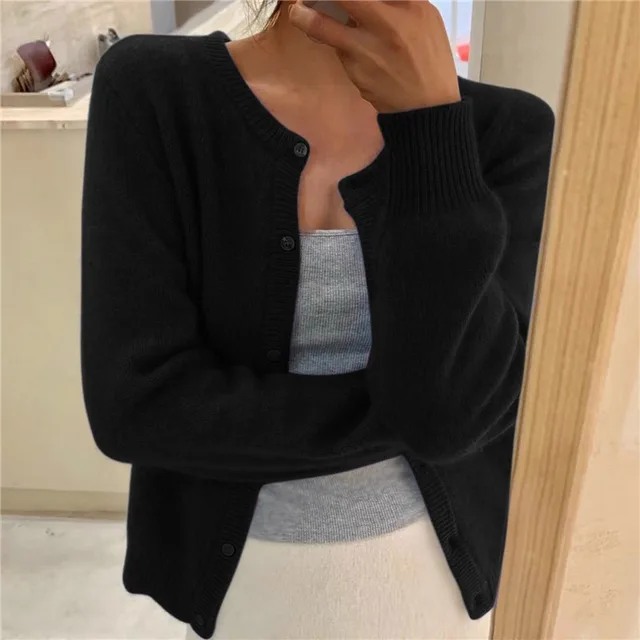 Women's Soft Knit Cardigan with Buttons, Crew Neck, and Relaxed Fit