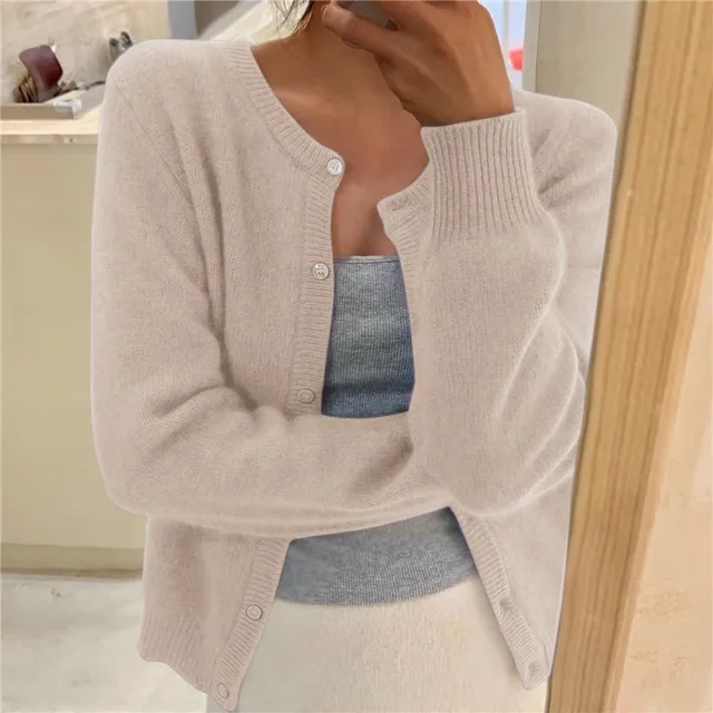 Women's Soft Knit Cardigan with Buttons, Crew Neck, and Relaxed Fit