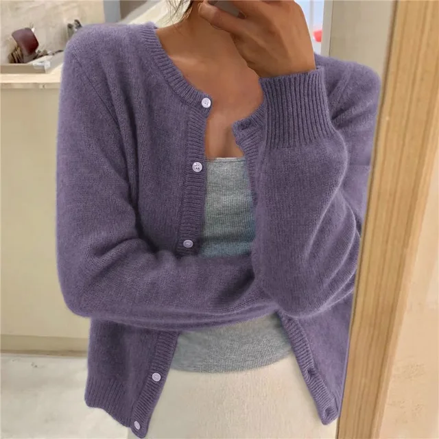 Women's Soft Knit Cardigan with Buttons, Crew Neck, and Relaxed Fit