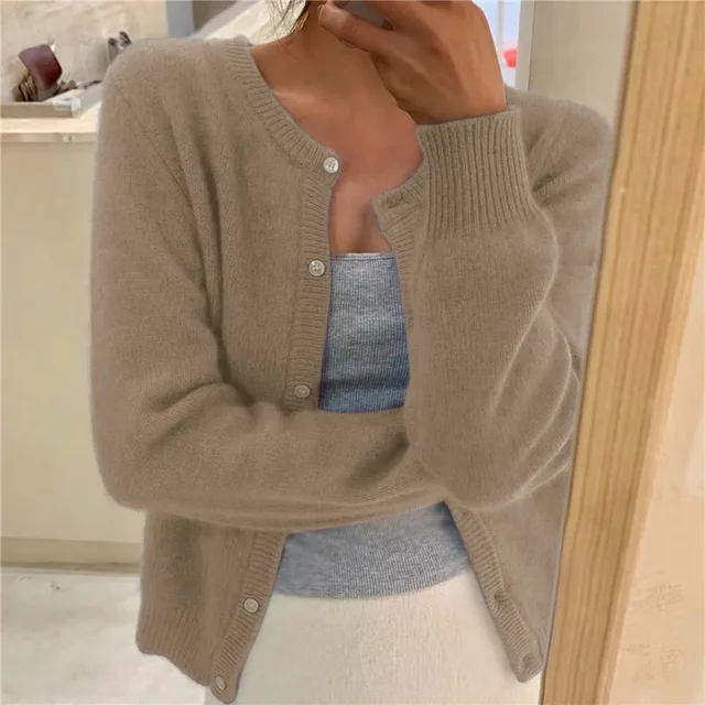Women's Soft Knit Cardigan with Buttons, Crew Neck, and Relaxed Fit