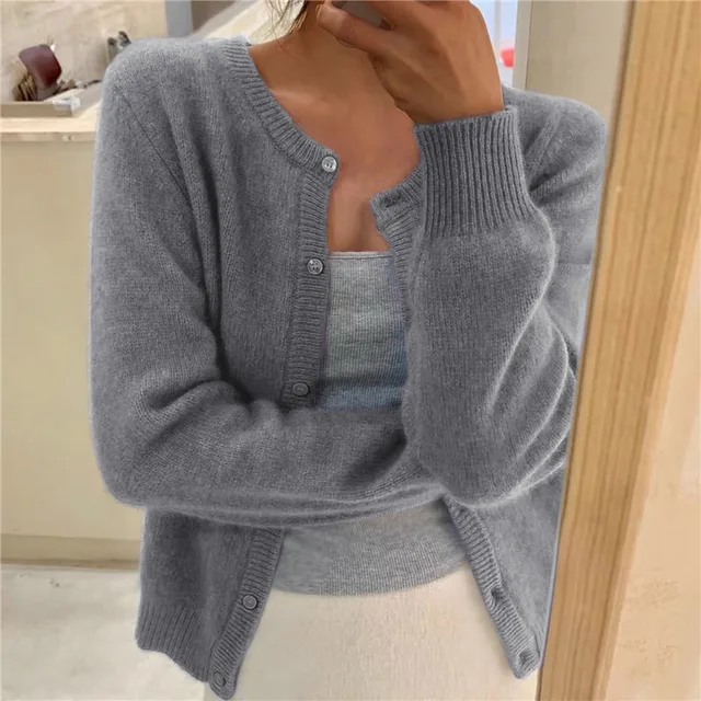 Women's Soft Knit Cardigan with Buttons, Crew Neck, and Relaxed Fit