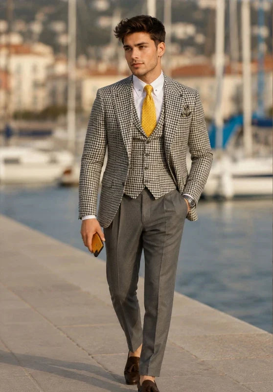 Costume Trois Pièces Homme Coupe Slim en Pied de Poule avec Col Notch et Gilet Boutonné