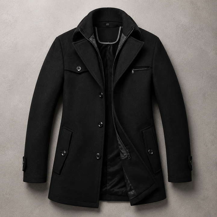 Cappotto da uomo in misto lana con doppio colletto e chiusura con bottoni