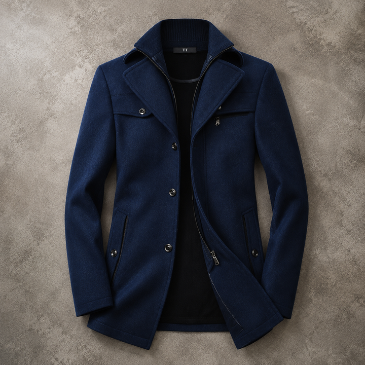Cappotto da uomo in misto lana con doppio colletto e chiusura con bottoni