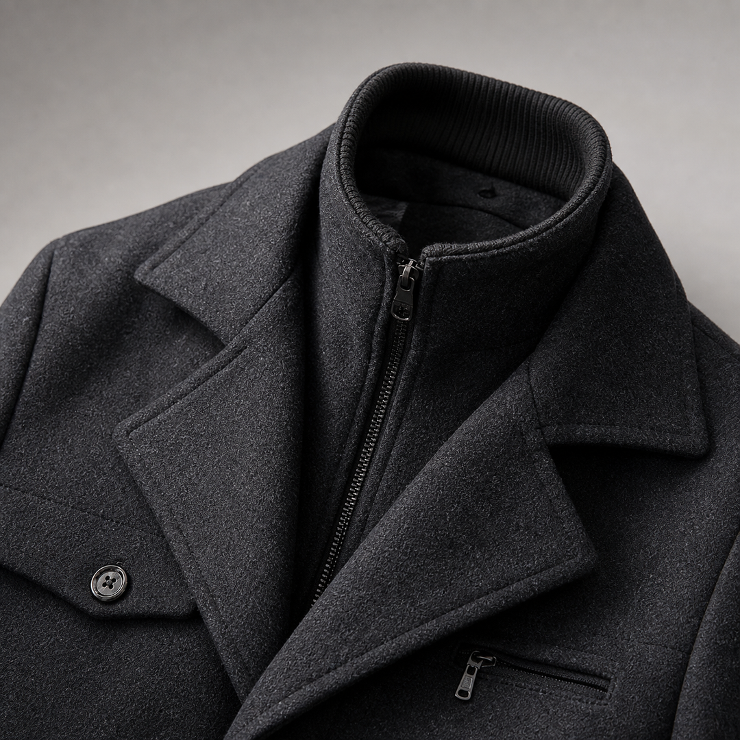 Cappotto da uomo in misto lana con doppio colletto e chiusura con bottoni
