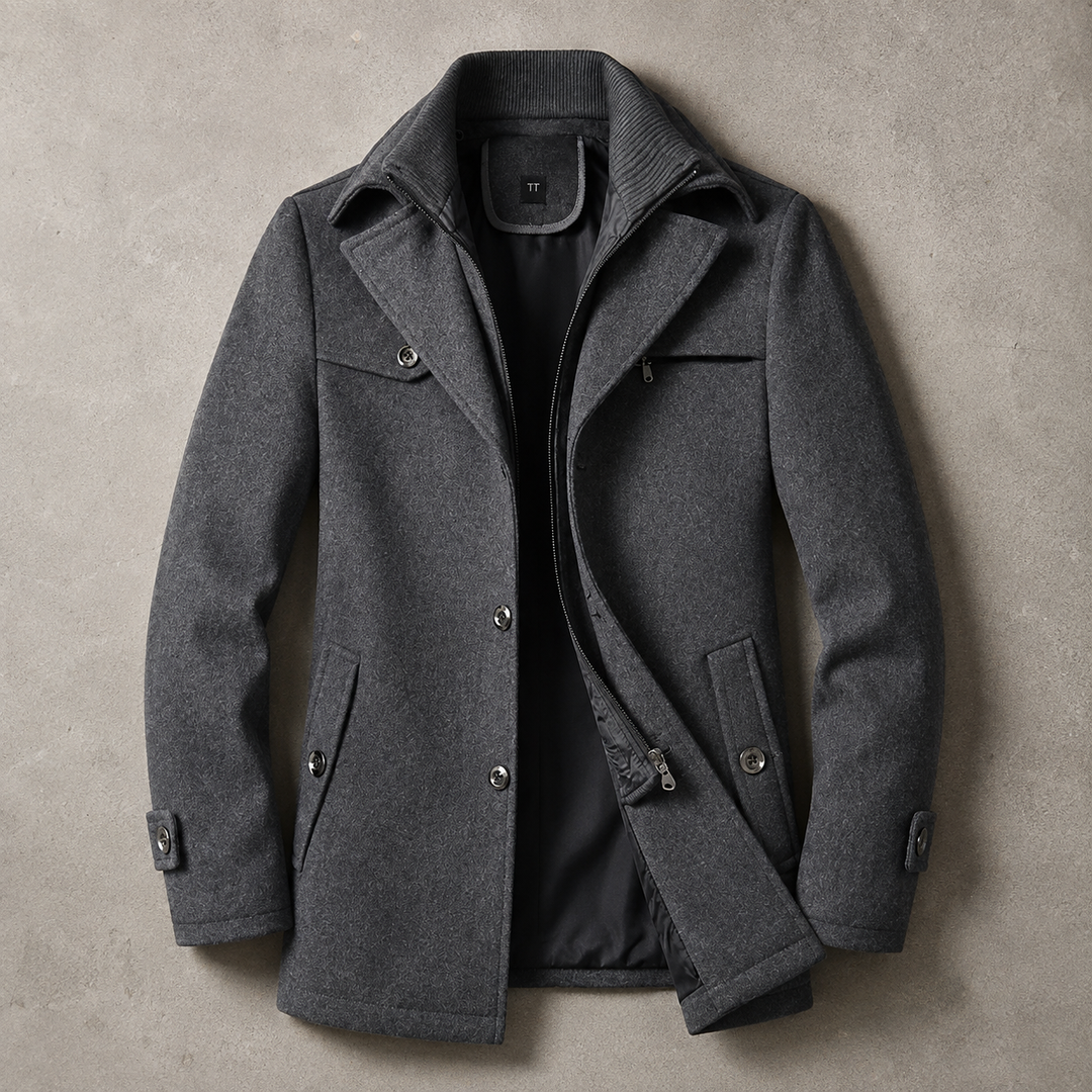 Cappotto da uomo in misto lana con doppio colletto e chiusura con bottoni