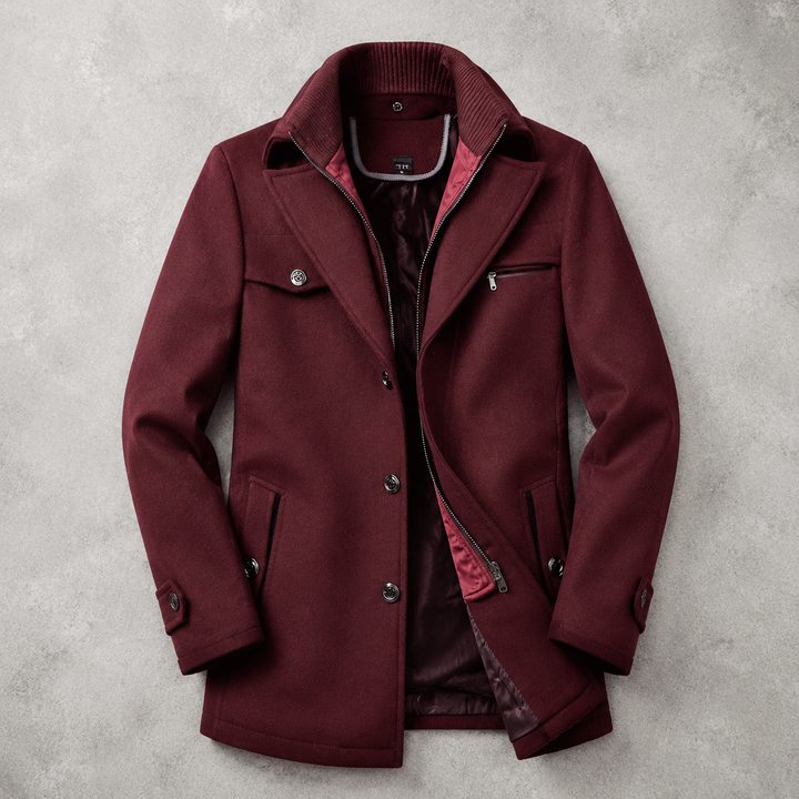 Cappotto da uomo in misto lana con doppio colletto e chiusura con bottoni