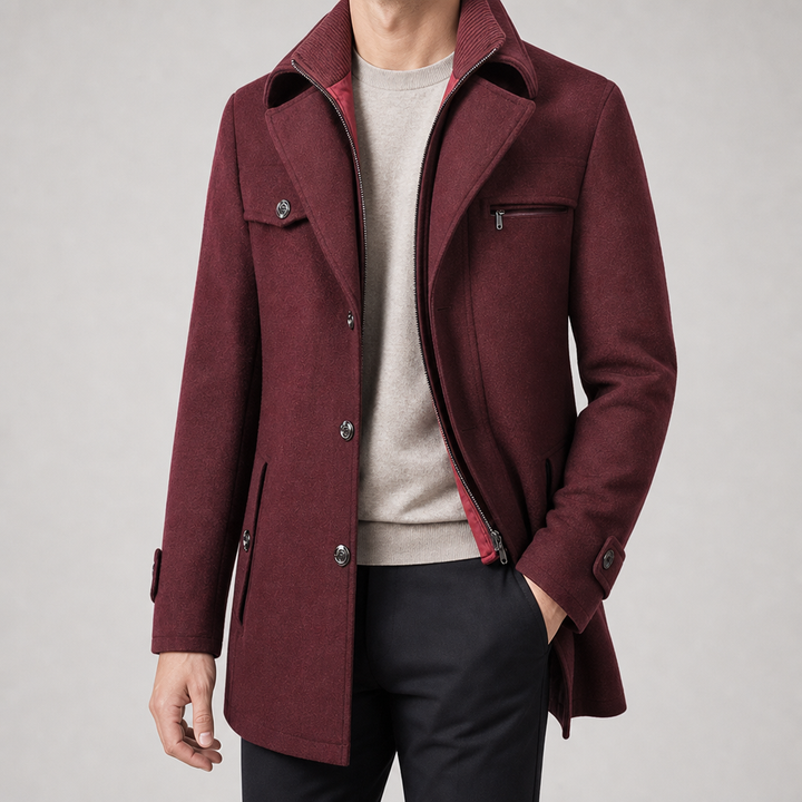 Cappotto da uomo in misto lana con doppio colletto e chiusura con bottoni