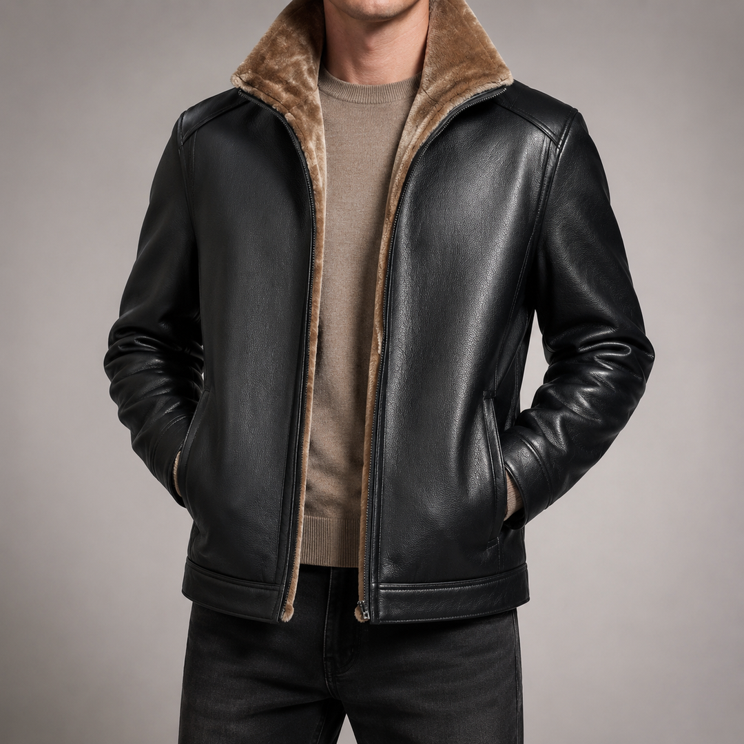 Veste en cuir d'agneau véritable pour homme doublée fausse fourrure