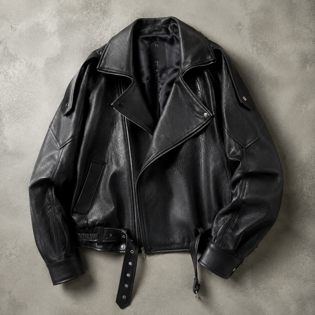 Giubbotto biker oversize da uomo con cintura e pelliccia sintetica