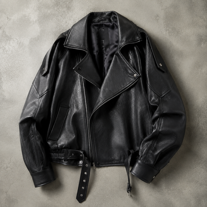 Giubbotto biker oversize da uomo con cintura e pelliccia sintetica