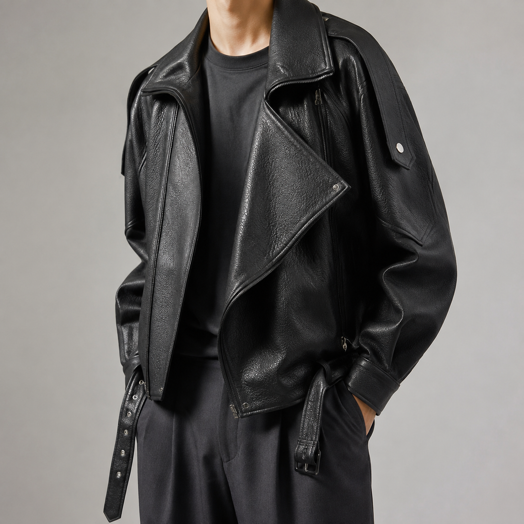 Giubbotto biker oversize da uomo con cintura e pelliccia sintetica