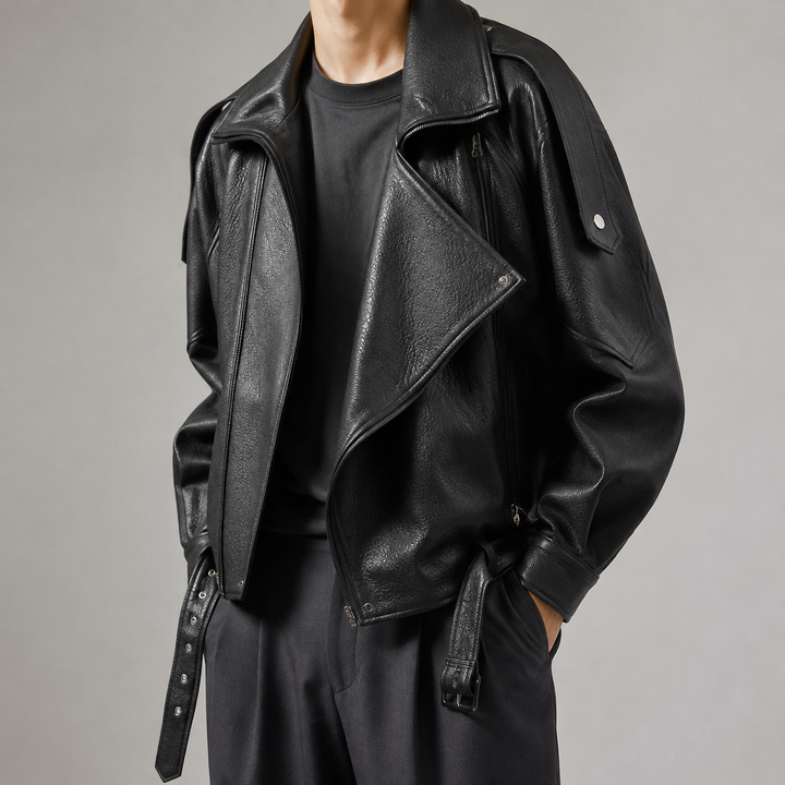 Giubbotto biker oversize da uomo con cintura e pelliccia sintetica