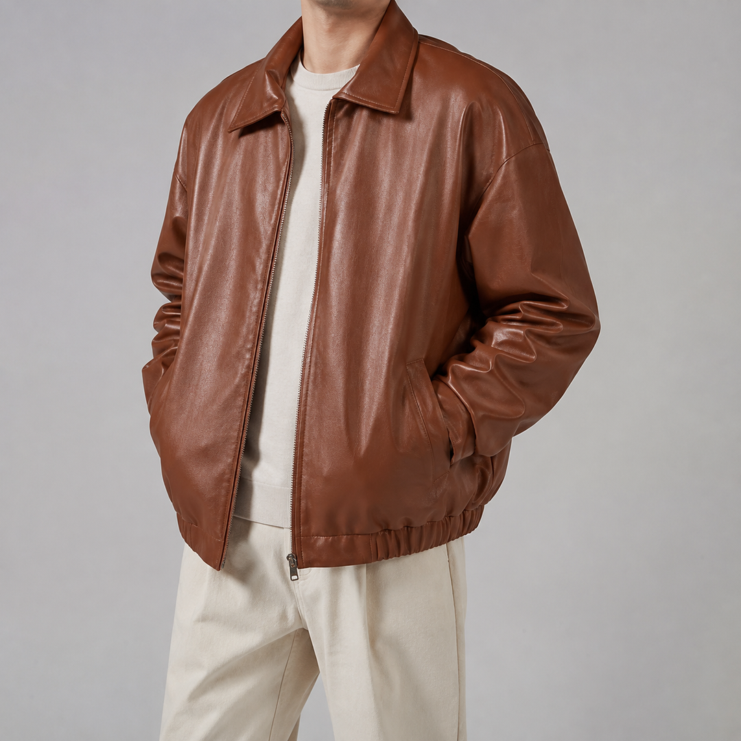 Men's Faux Fur Jacket with Fold-Down Collar and Zipper