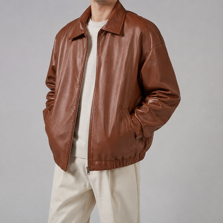 Men's Faux Fur Jacket with Fold-Down Collar and Zipper