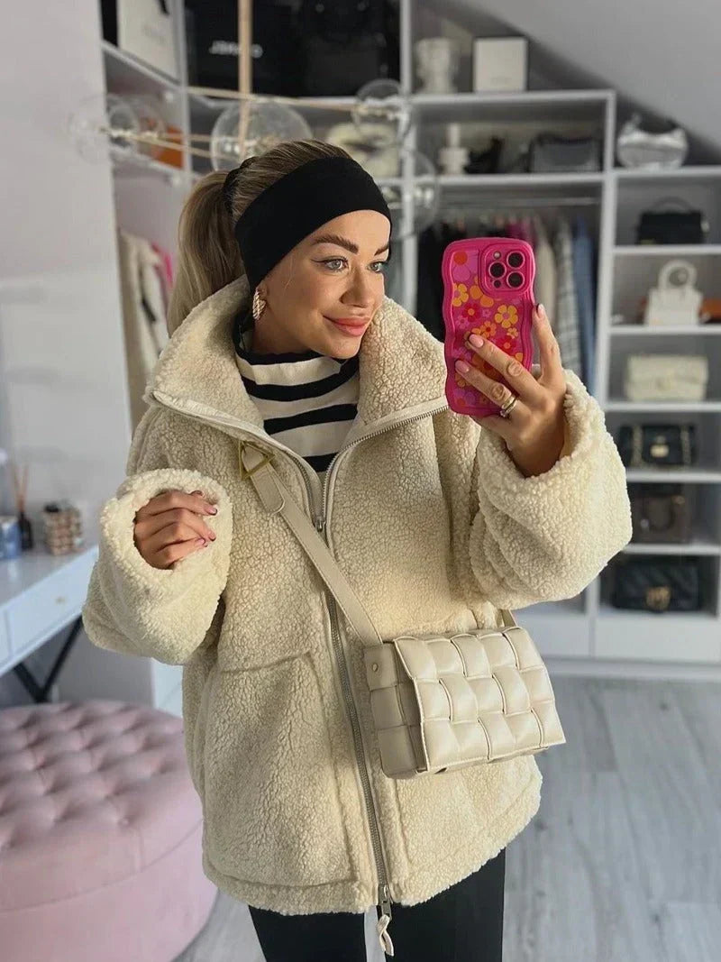 Women's Teddy Hooded Coat with Full Zip, Relaxed Fit and Pockets