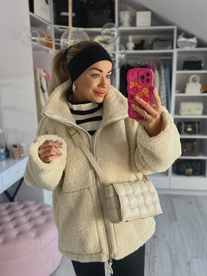 Women's Teddy Hooded Coat with Full Zip, Relaxed Fit and Pockets