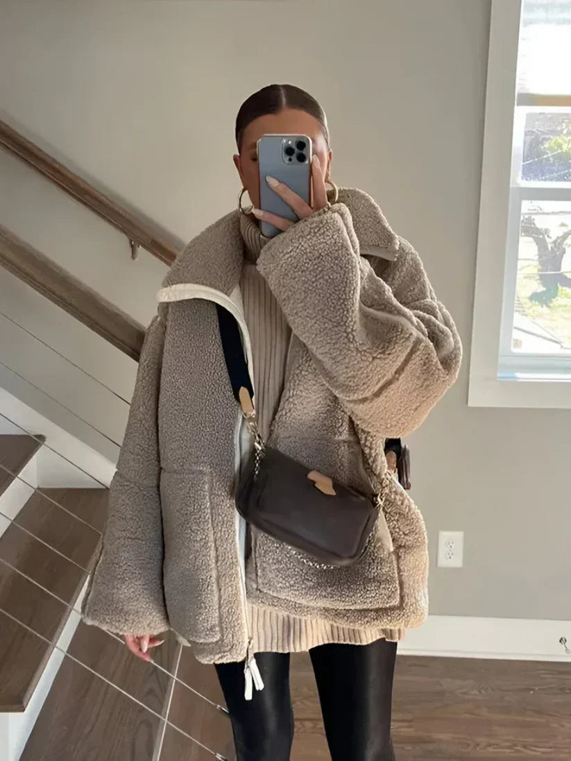 Women's Teddy Hooded Coat with Full Zip, Relaxed Fit and Pockets