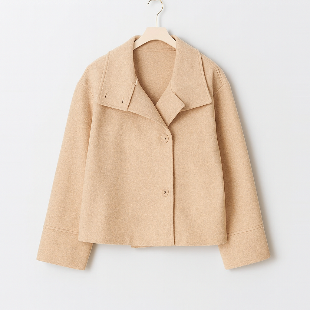 Manteau court beige pour femme, à double boutonnage et large col. Sa coupe droite et minimaliste offre une allure moderne et sophistiquée. Doux et élégant, ce manteau est idéal pour les tenues d'automne et d'hiver, apportant une touche chic et intemporelle à toute garde-robe.
