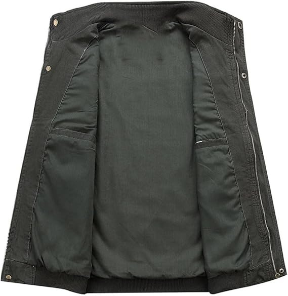 Vue intérieure du gilet sans manches kaki foncé, doublure unie avec poches internes, finitions côtelées et fermeture zippée, présenté sur fond blanc.