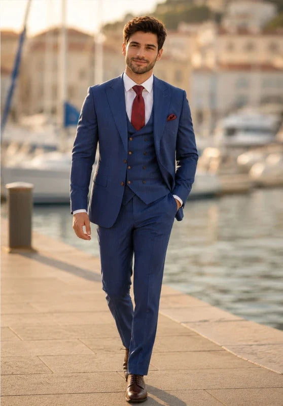 Costume Trois Pièces Homme Coupe Classique avec Col Notch et Gilet Six Boutons