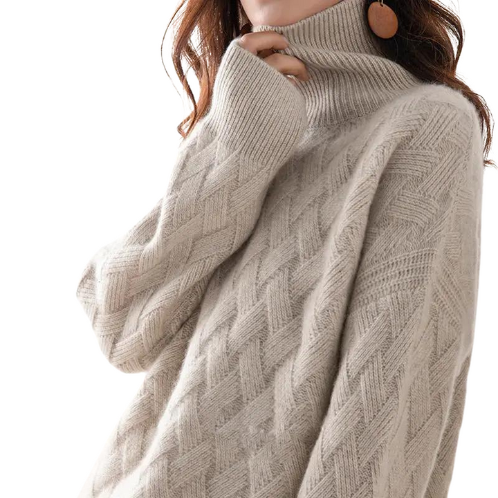 Maglione da donna a collo alto in maglia intrecciata con maniche lunghe