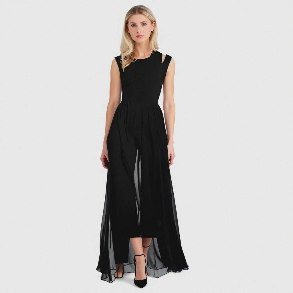 Combinaison d’été Ursuline pour femme, noire élégante style fête avec coupe longue fluide et voile léger, sans manches, portée avec escarpins noirs.