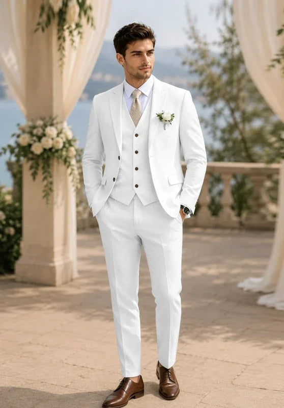 Costume Trois Pièces Homme Coupe Regular en Lin Respirant avec Col Notch et Gilet Cinq Boutons