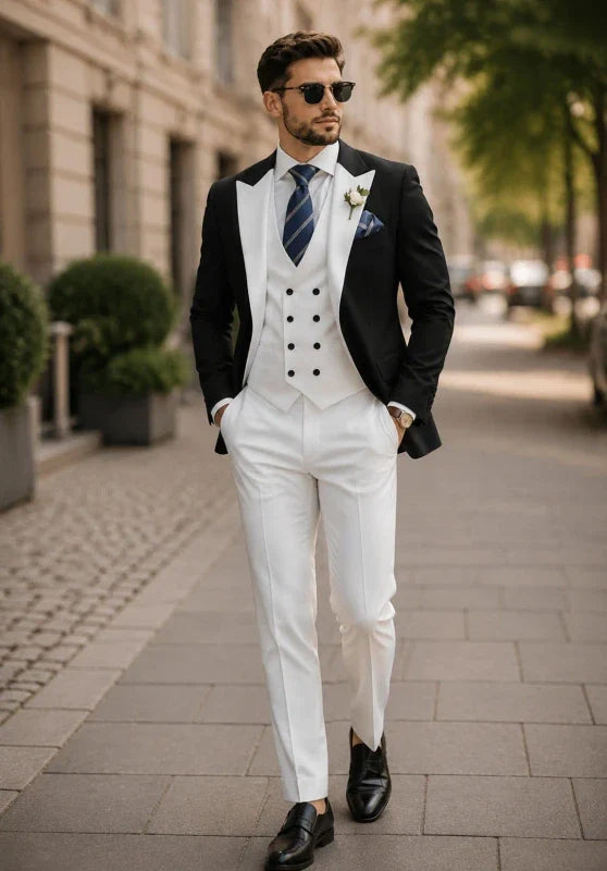 Costume Trois Pièces Homme Coupe Slim Infroissable avec Col Peak et Gilet Croisé