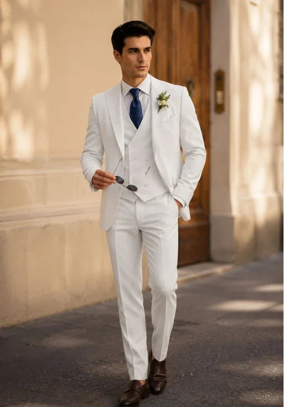 Costume Trois Pièces Homme Coupe Slim avec Gilet Croisé et Poches à Rabat