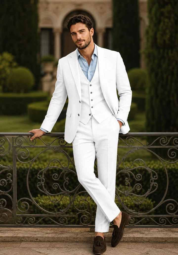 Costume Trois Pièces Homme Coupe Regular en Lin avec Col Notch et Gilet Six Boutons