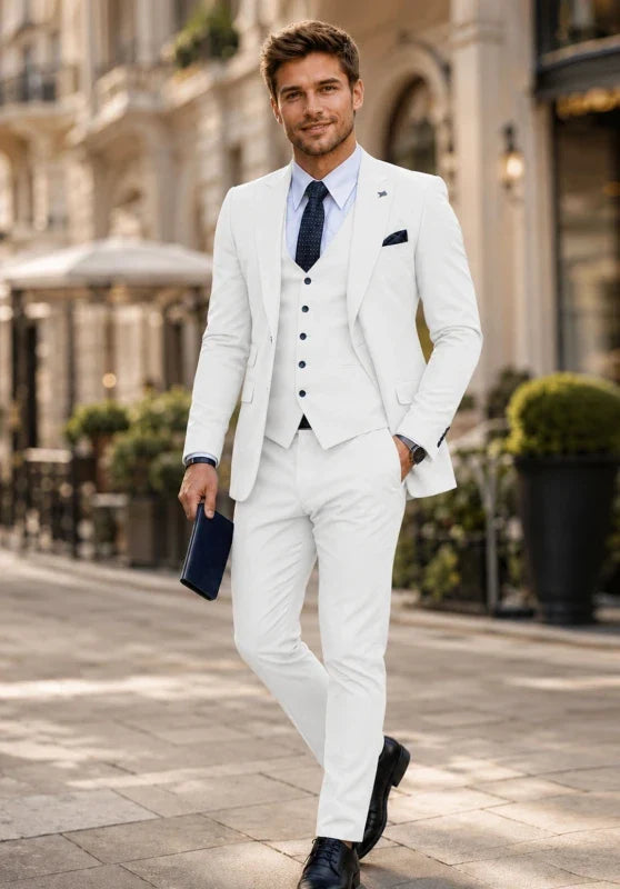 Costume Trois Pièces Homme Coupe Slim avec Col Notch et Gilet Quatre Boutons