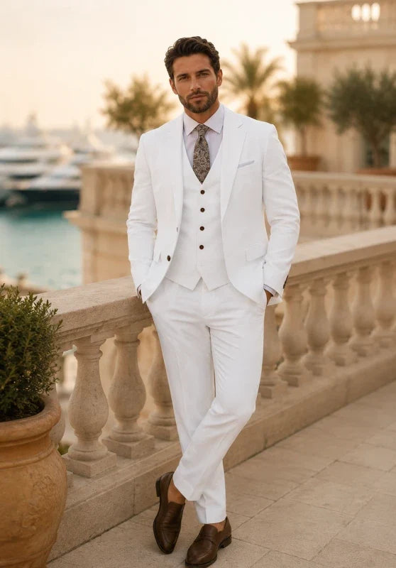 Costume Trois Pièces Homme Coupe Ajustée en Lin avec Col Notch et Veste à Fentes