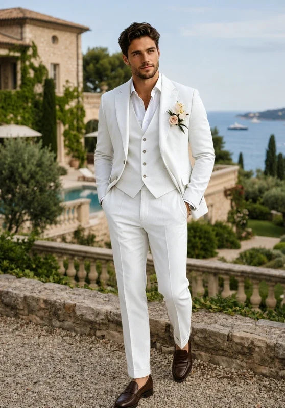 Costume Trois Pièces Homme en Lin avec Col Notch et Gilet Assorti