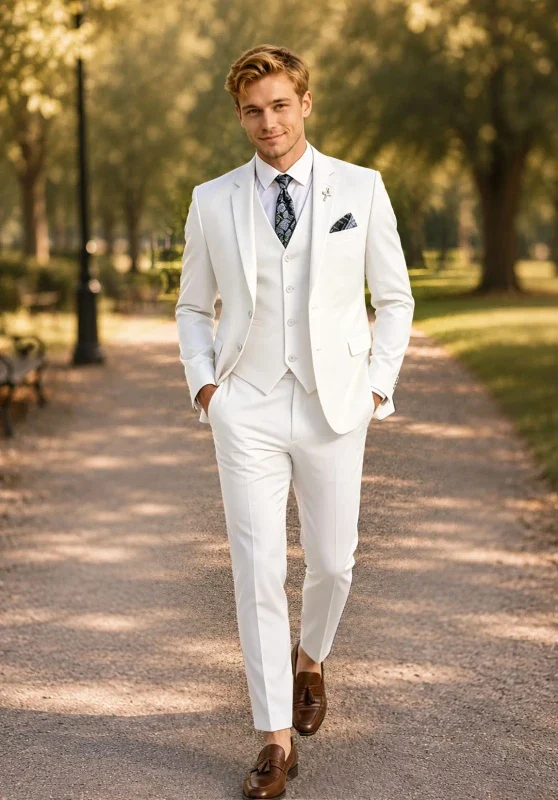 Costume Trois Pièces Homme Coupe Slim avec Col Notch et Gilet Cinq Boutons