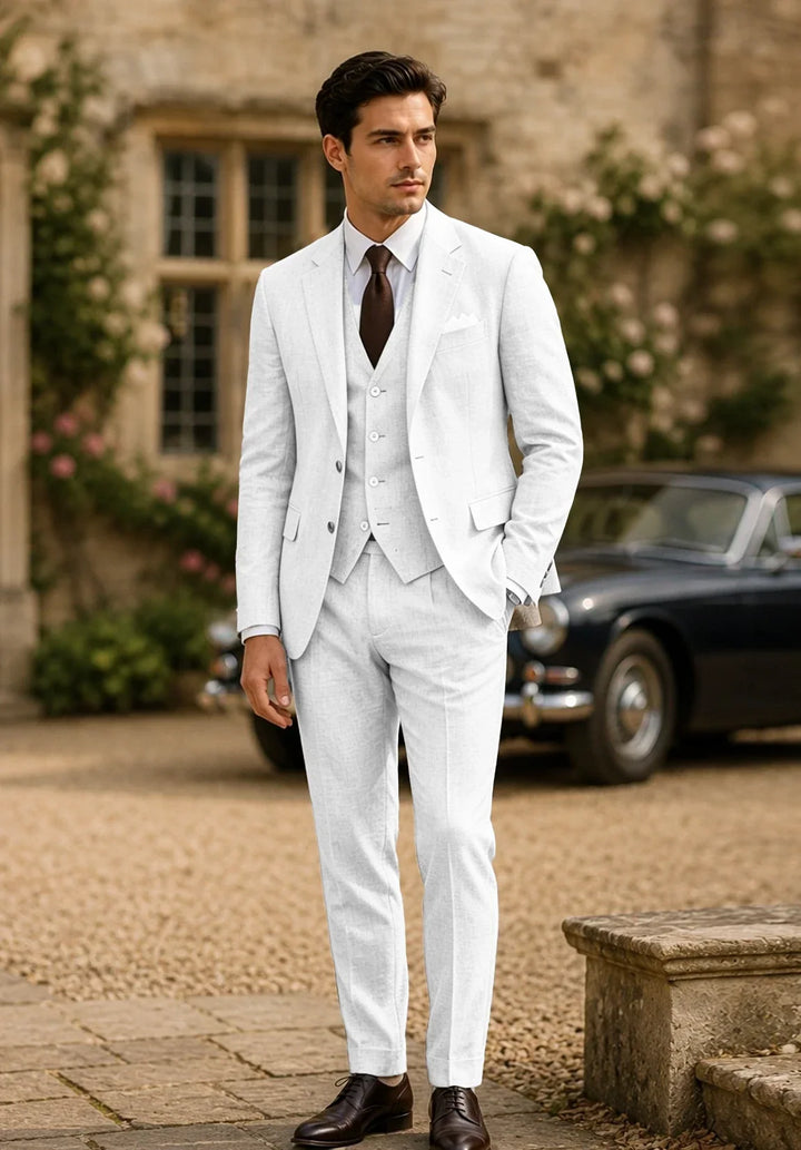 Costume Trois Pièces Homme Coupe Ajustée en Lin avec Col Notch et Gilet Cinq Boutons