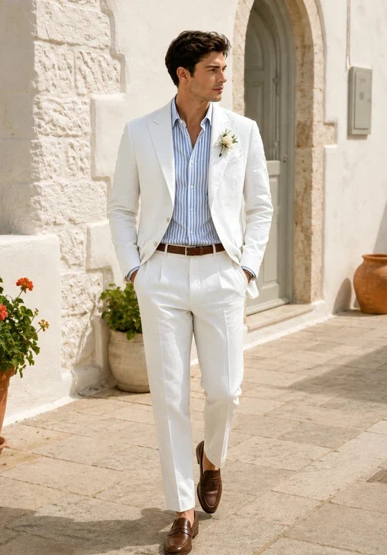 Costume Deux Pièces Homme Coupe Slim en Lin avec Col Peak et Poches Plaquées