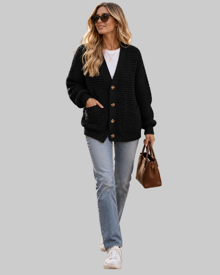 Cardigan Femme en Maille Torsadée – Col V, Coupe Ample, Boutons & Poches