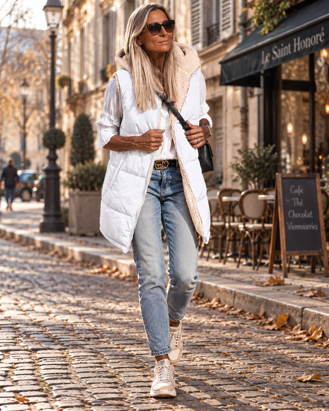 Lange damesbodywarmer - omkeerbaar met sherpavoering en capuchon