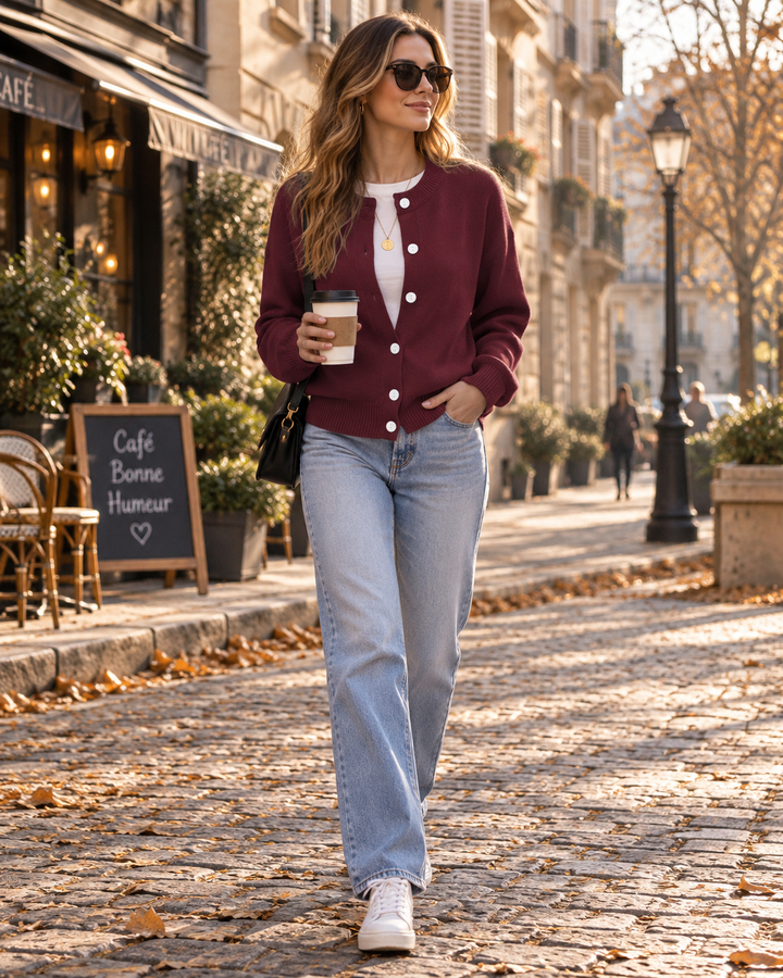 Women's Wool Blend Knit Cardigan - Buttoned Round Neck, Loose Fit
