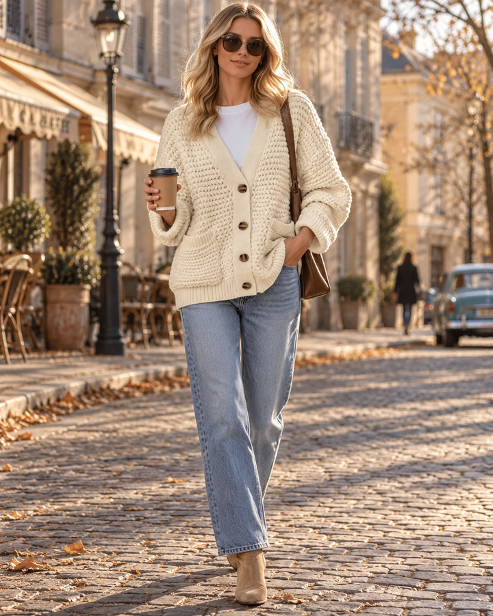 Cardigan Femme en Maille Torsadée – Col V, Coupe Ample, Boutons & Poches