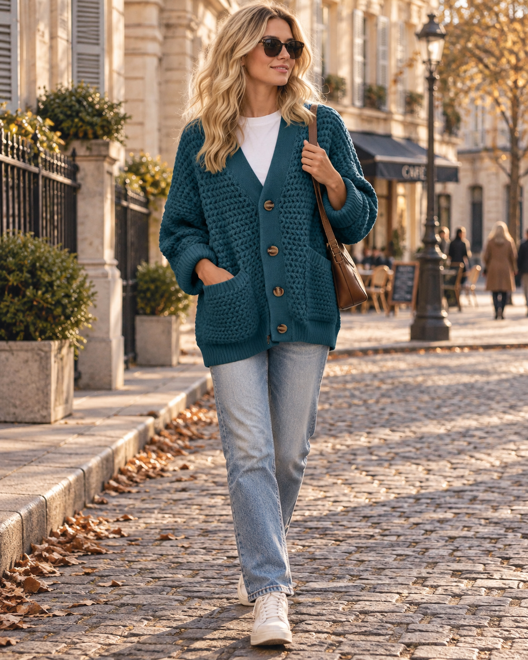 Cardigan Femme en Maille Torsadée – Col V, Coupe Ample, Boutons & Poches