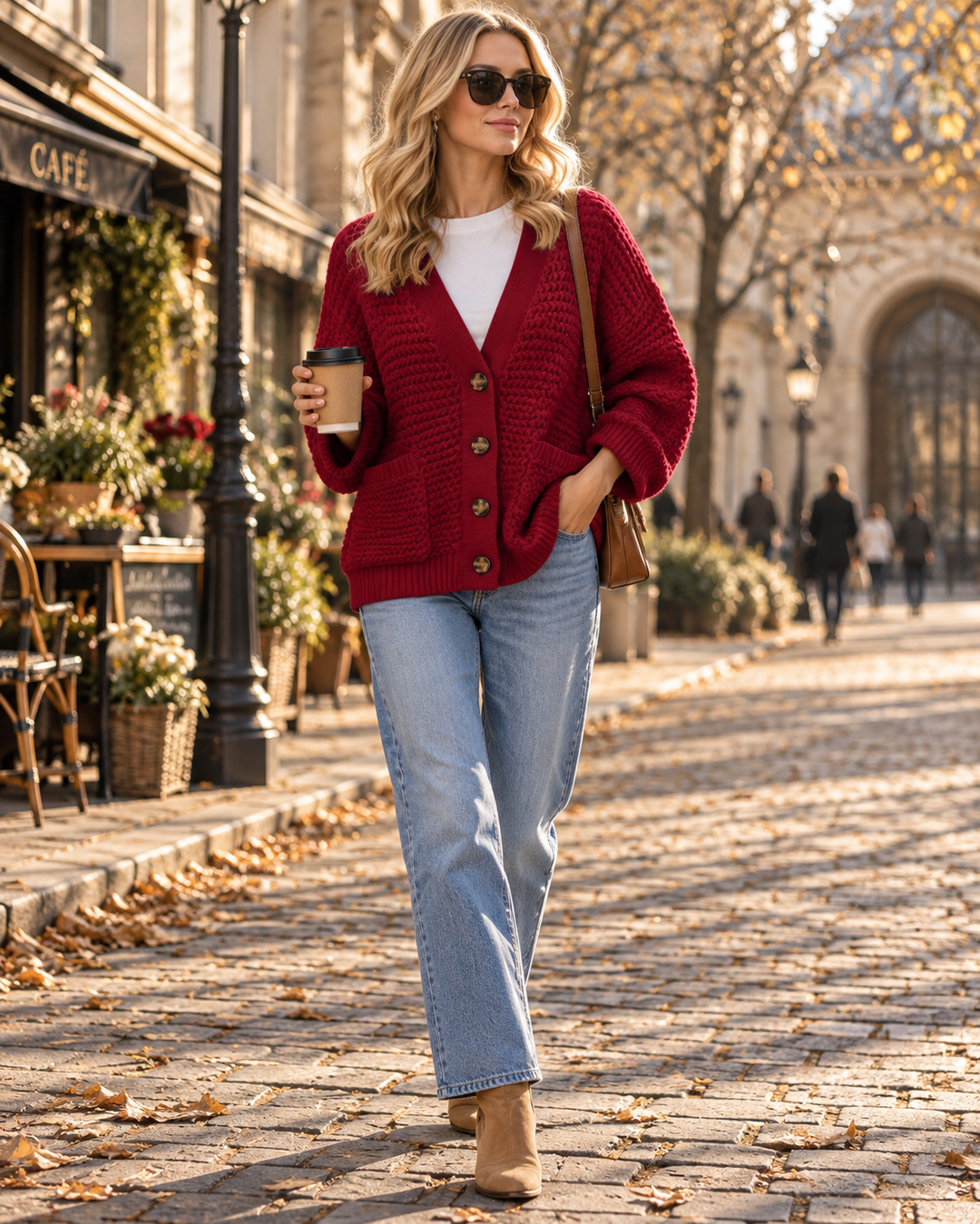 Cardigan Femme en Maille Torsadée – Col V, Coupe Ample, Boutons & Poches