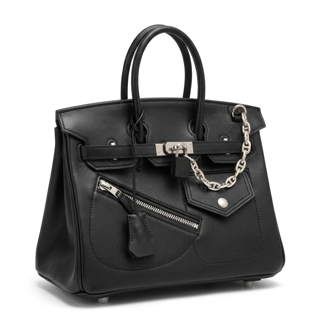 Women's full-grain leather handbag with padlock clasp and chain